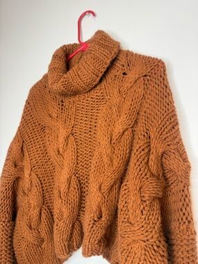 Oversized Cable Knit Turtleneck Sweater - Rust